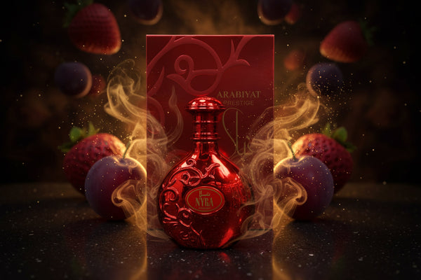 Red perfume bottle and packaging on a reflective surface with blurred background