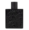Black perfume bottle with intricate design on a white background