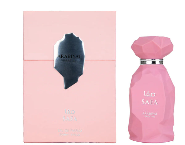 Pink Arabiyat Prestige Safa perfume bottle and packaging on a white background
