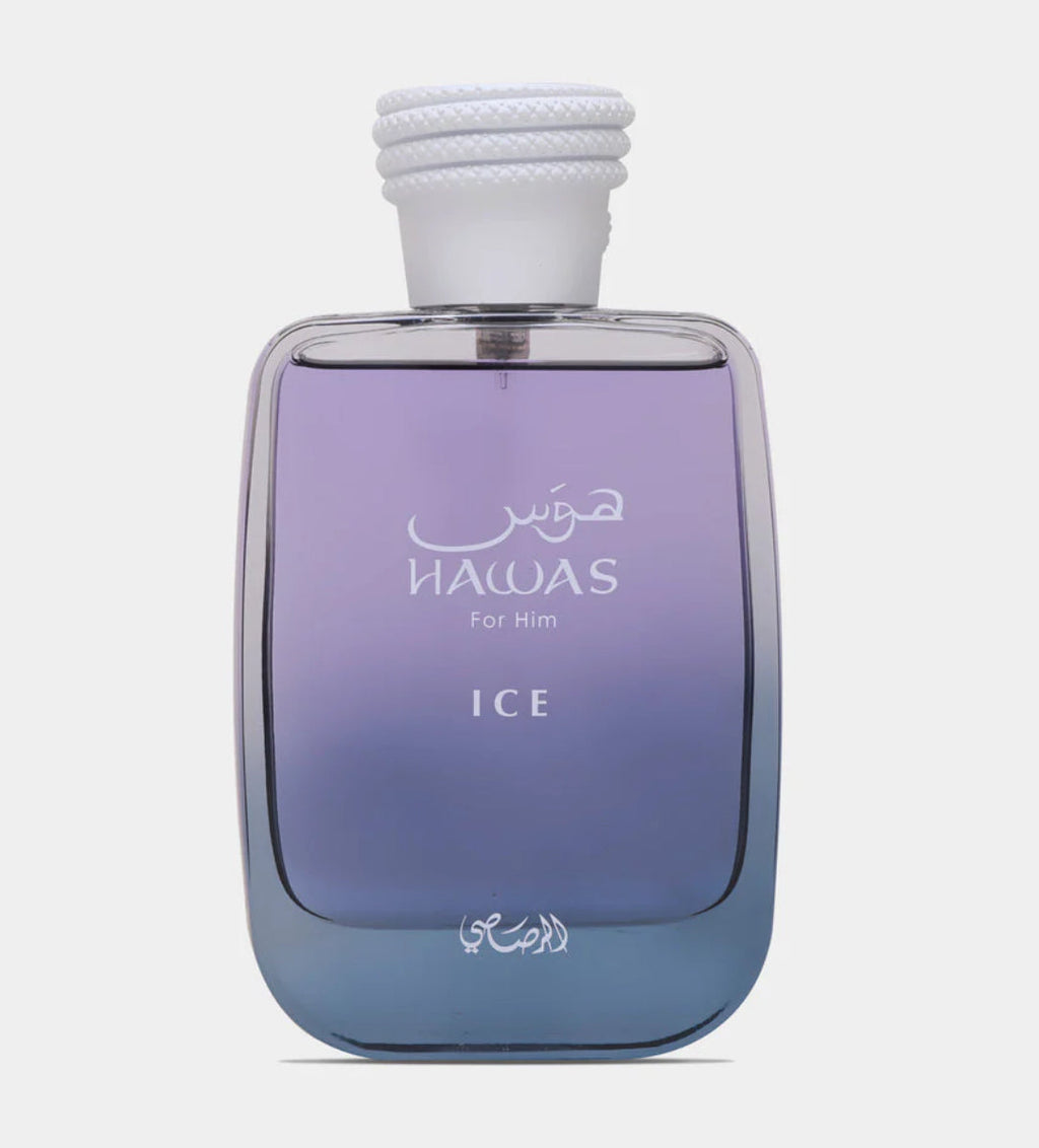 Perfume bottle labeled 'Hawas for Him Ice' on a white background