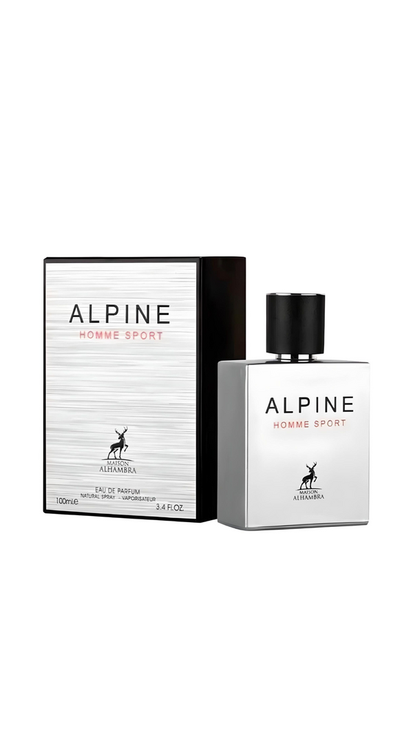 Alpine Homme Sport perfume box and bottle, sleek white design, black cap, with packaging