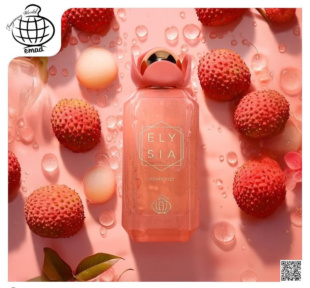 ELYSIA Lychee Fizz by Fragrance World 100ml EDP perfume bottle surrounded by fresh lychees and water droplets, highlighting its fruity and zesty notes.