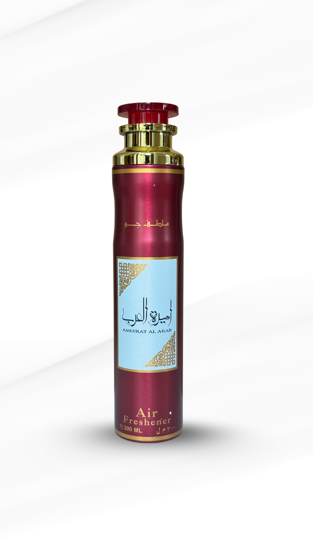 Ameerat Al Arab by Asdaaf 300ml home air freshener in a sleek maroon and gold spray can, ideal for modern living room fragrance.
