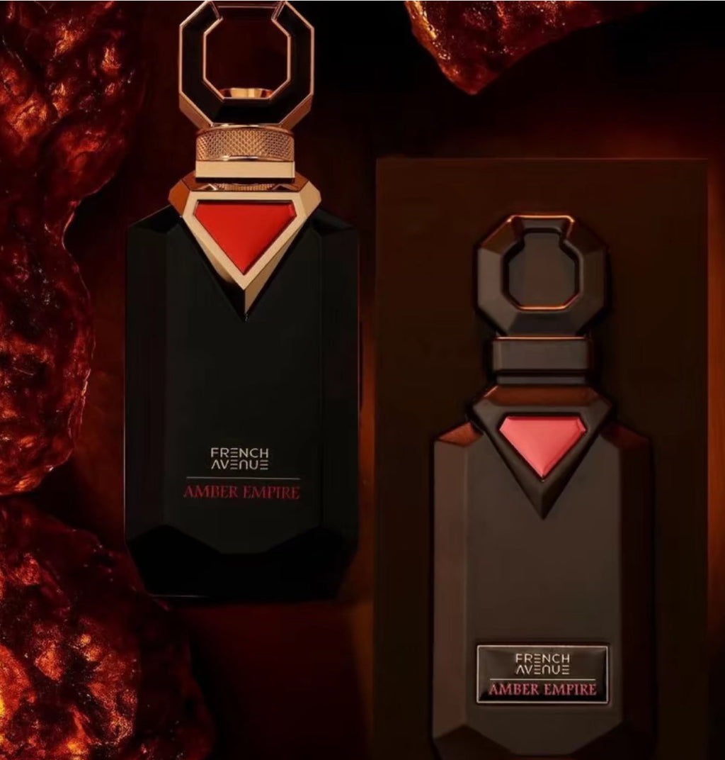 Two bottles of French Avenue Amber Empire perfume with a dark background