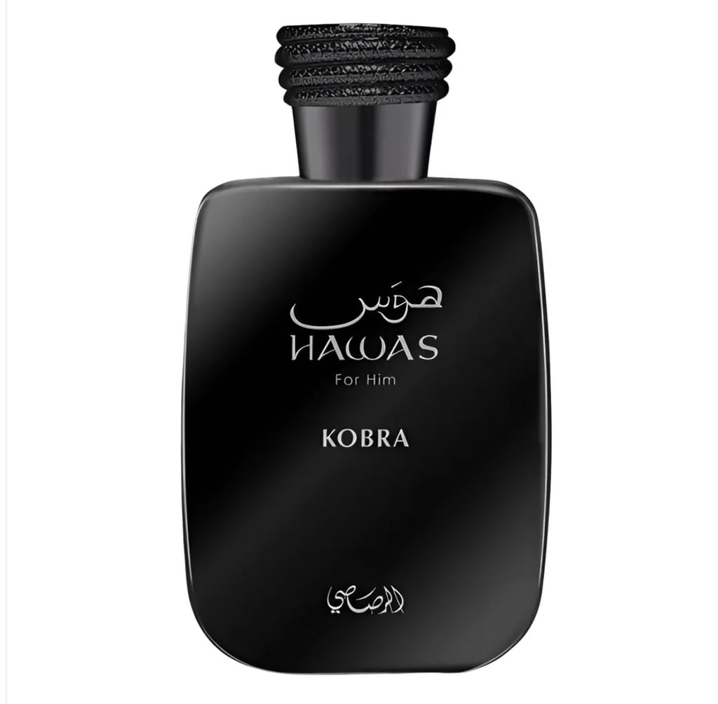 Black perfume bottle labeled 'Hawas Kobra' on a white background