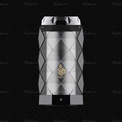 Modern Geometric Design portable Electric Bakhoor Burner in sleek black with silver finish, ideal for luxury home fragrance use.