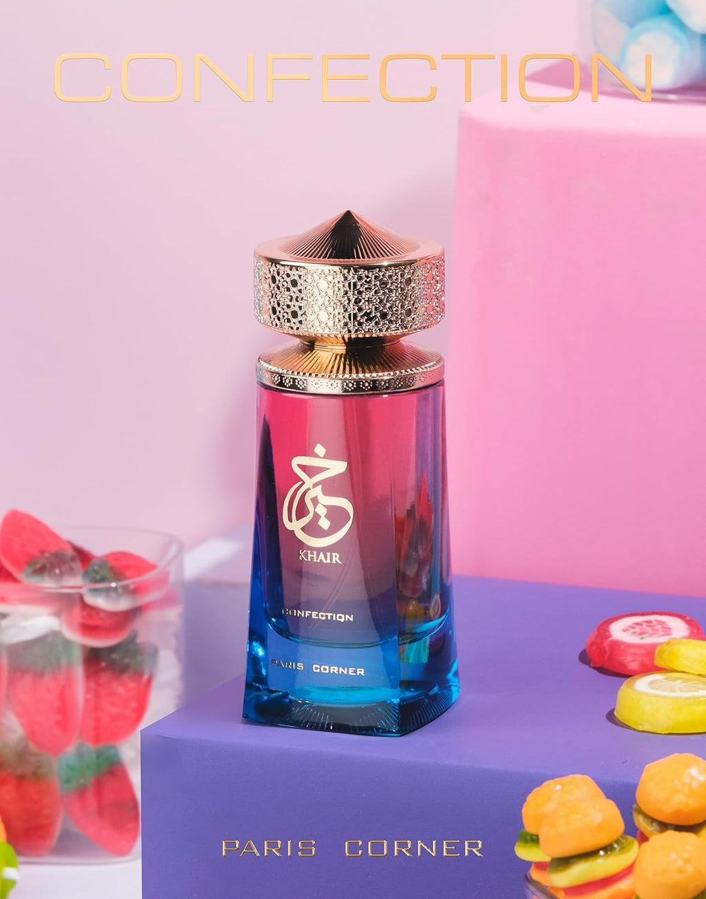 Khair Confections by Paris Corner 100ml EDP displayed with colorful candies, highlighting its sweet, fruity, and creamy fragrance profile for summer wear.