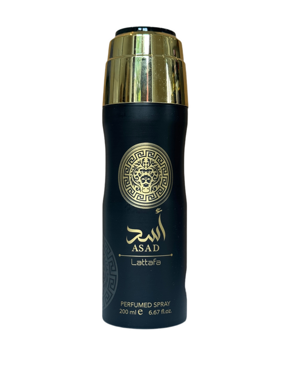 Lattafa Asad Perfumed Body Spray 200ml in sleek black and gold bottle, ideal for men seeking a bold, woody and spicy aromatic body mist.