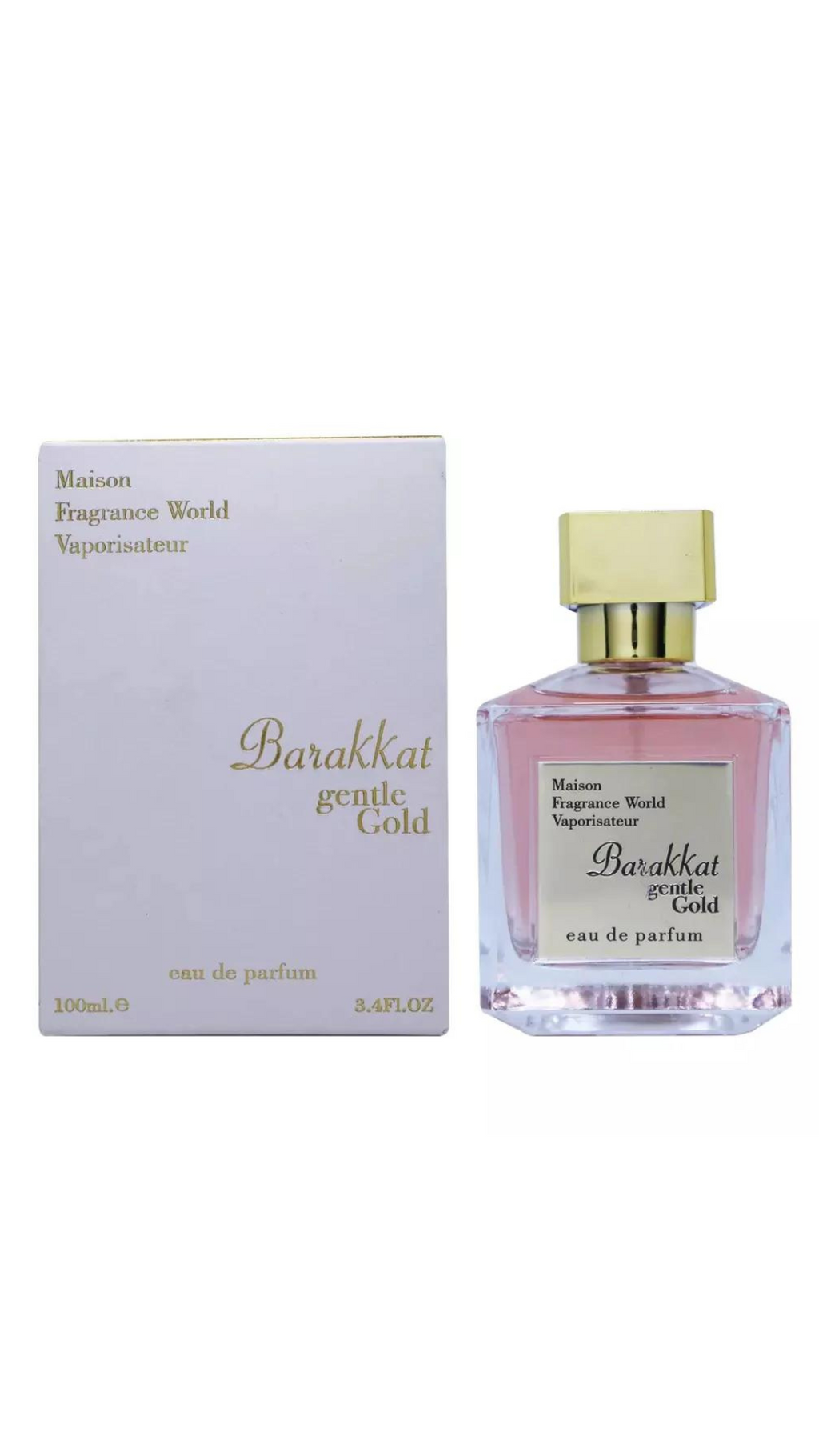 Barakkat Gentle Gold EDP perfume box and bottle with pink liquid and gold cap