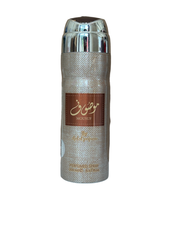 Mousuf by Ard Al Zaafaran Perfumed Body Spray 200ml in a textured beige and silver bottle, ideal for men and women seeking a warm, musky scent.