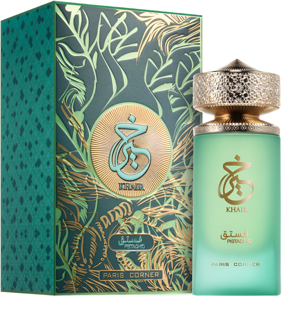 Khair Pistachio by Paris Corner 100ml EDP perfume bottle with ornate gold cap and matching green-gold packaging, ideal for gourmand fragrance lovers.