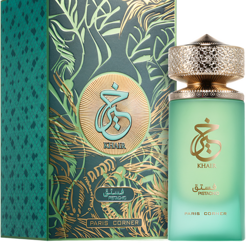 Khair Pistachio by Paris Corner 100ml EDP perfume bottle with ornate gold cap and matching green-gold packaging, ideal for gourmand fragrance lovers.