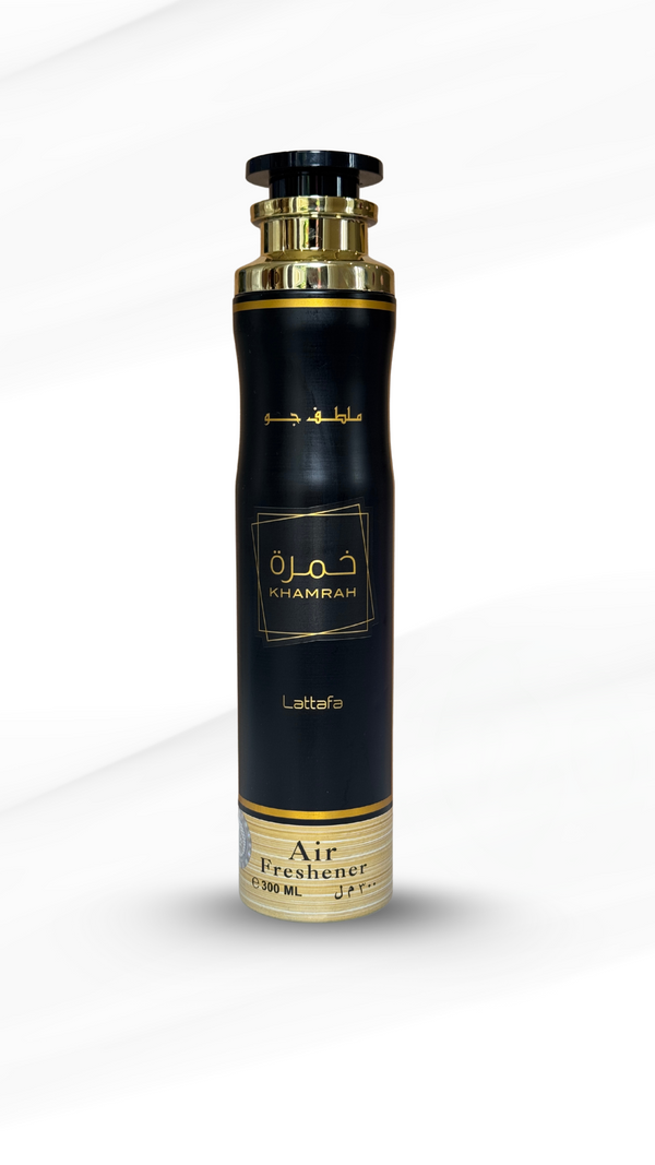 Lattafa Khamrah Home Air Freshener 300ml in a sleek black and gold spray bottle, ideal for adding a warm, woody, and spicy oud scent to any room.
