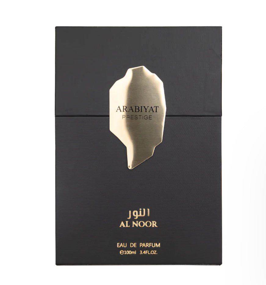 Black and gold Arabiyat Prestige Al Noor perfume packaging on a white background