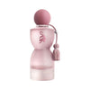 Pink perfume bottle with a tassel on a white background
