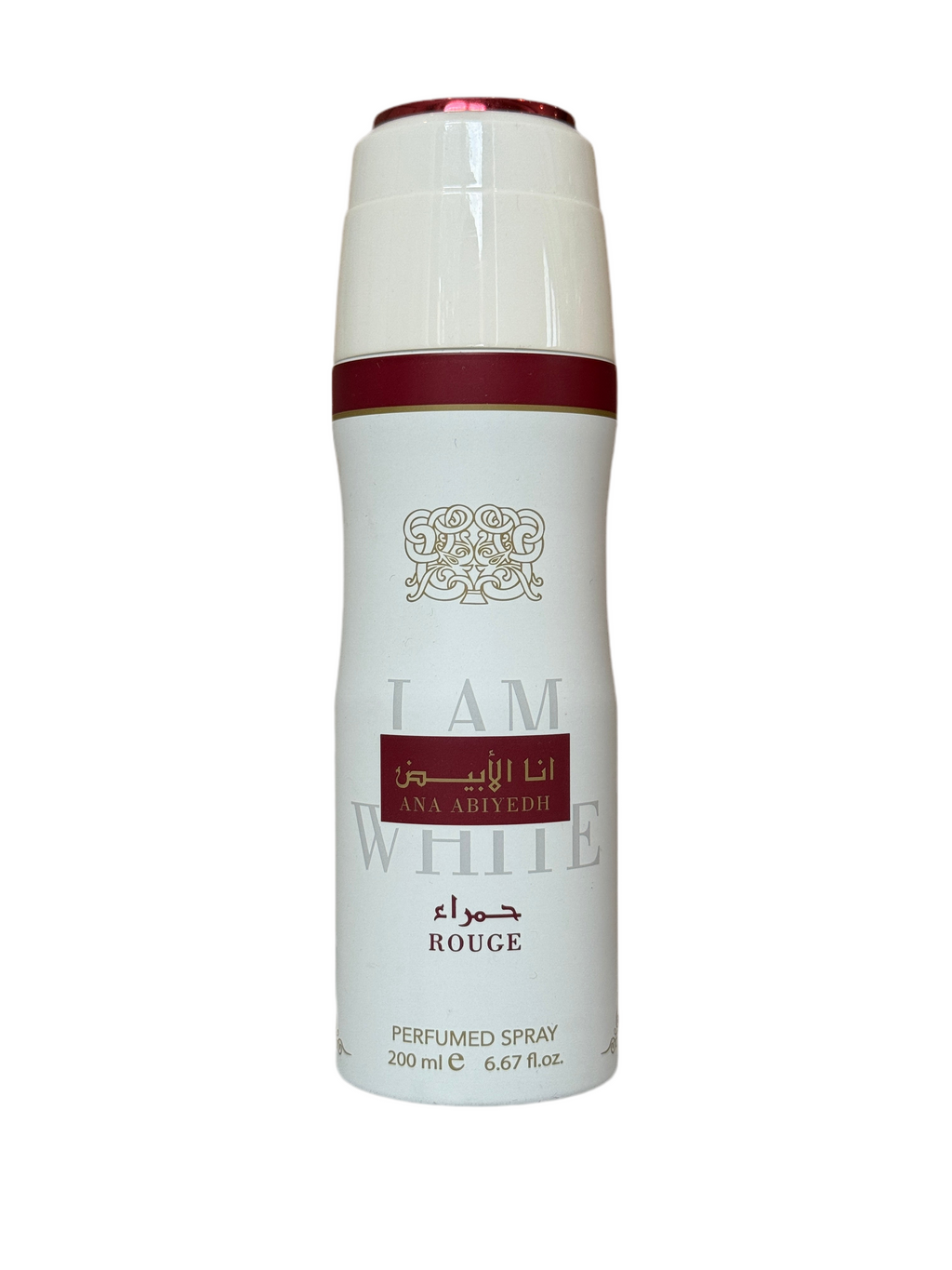 Ana Abiyedh Rouge by Lattafa Perfume Body Spray 200ml in sleek white and red bottle, ideal for unisex use with floral and woody fragrance notes.