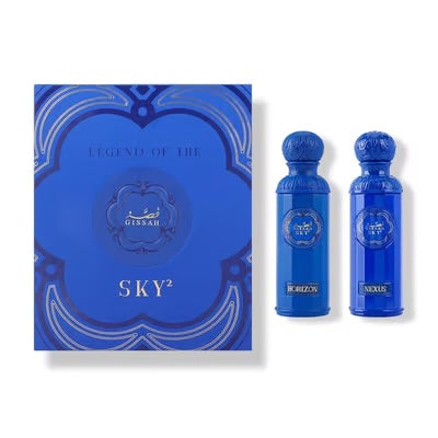 Gissah Legend Of The Sky (him) 2x90ml EDP gift box with Horizon and Nexus fragrances, perfect travel-size floral and fruity scents for men.