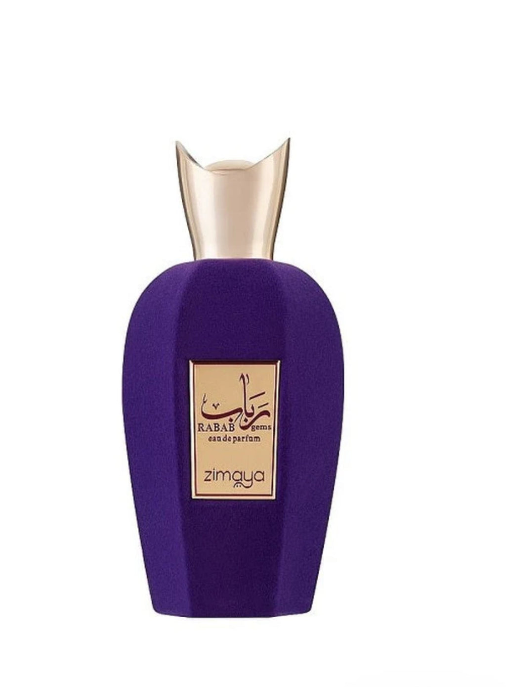 Rabab Gem by Zimaya 100ml EDP in a luxurious deep purple bottle with gold cap, ideal for men and women seeking a musky, floral summer scent.
