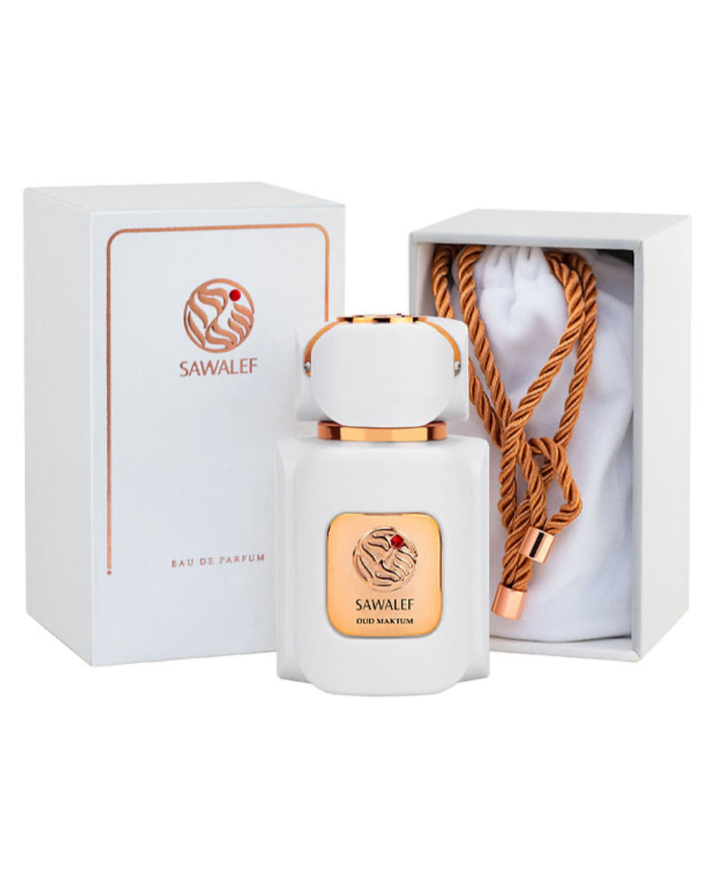 Oud Maktum by Swiss Arabian 80ml EDP with elegant packaging including a white box and gold rope pouch, perfect for gifting premium perfumes.