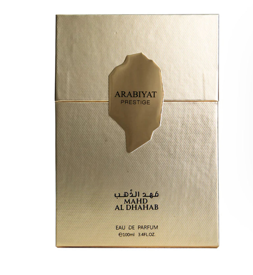 Gold packaging of Arabiyat Prestige Eau de Parfum with brand name and product details.