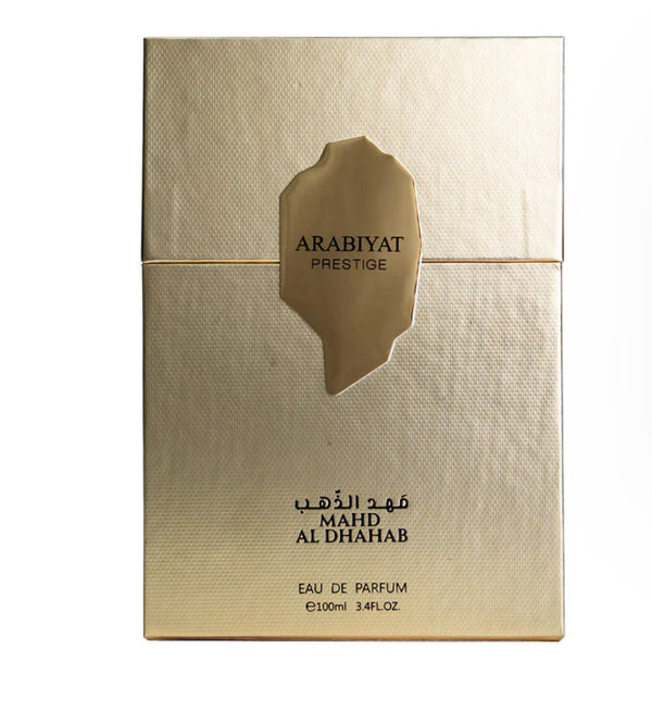 Gold packaging of Arabiyat Prestige Eau de Parfum with brand name and product details.