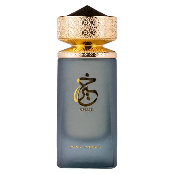 Khair By Paris Corner 100ml EDP perfume bottle with a matte blue gradient finish and gold textured cap, ideal for men seeking a bold, woody scent.