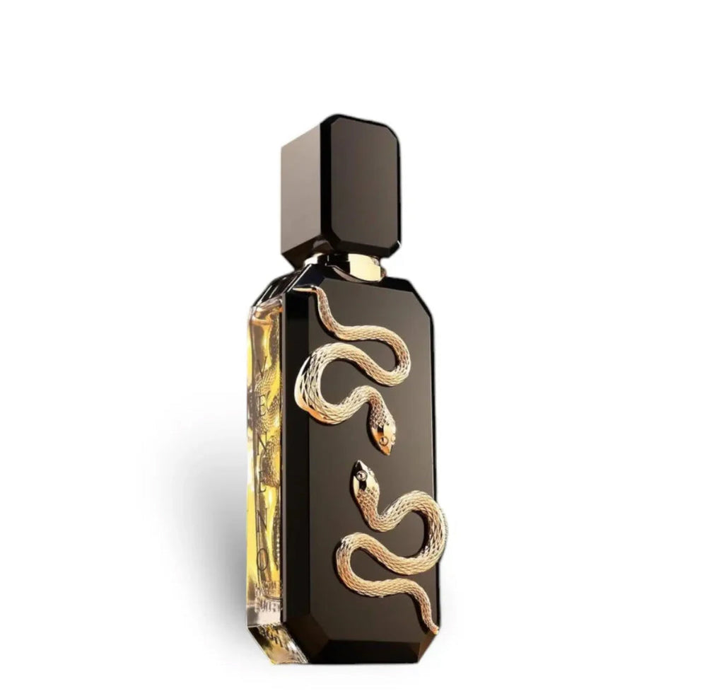 Perfume bottle with snake design on a white background