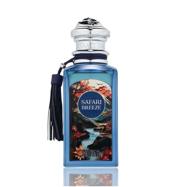 Perfume bottle labeled 'Safari Breeze' by French Avenue on a white background