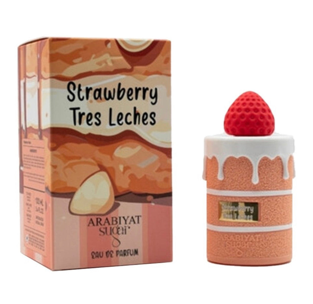 Perfume bottle and packaging of Strawberry Tres Leches flavor by Arabiyat on a white background