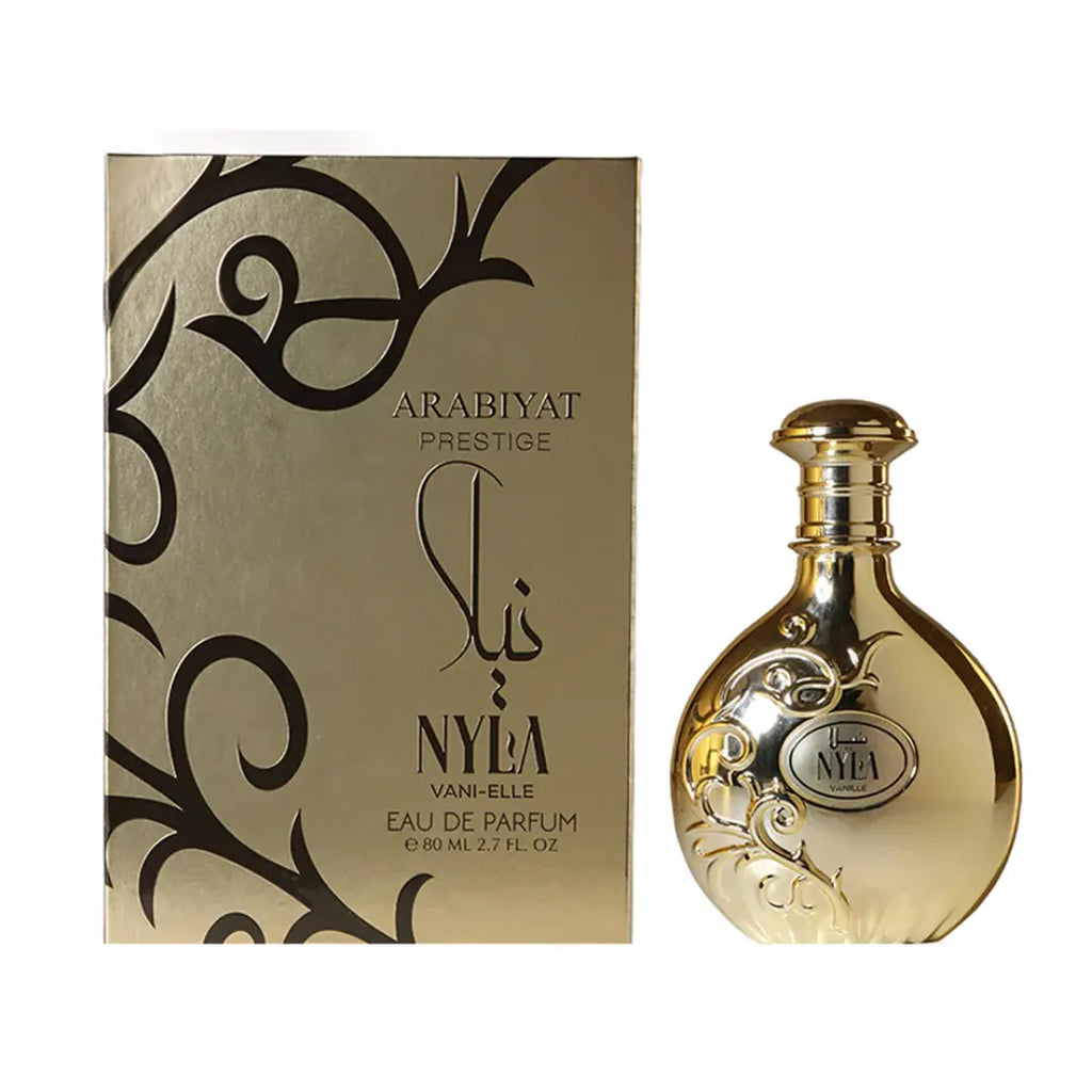 Nyla Vani-Elle by Arabiyat Prestige 80ml EDP in gold packaging with ornate black floral design, a unisex gourmand vanilla fragrance.