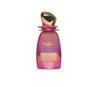 Perfume bottle with pink and gold design on a white background