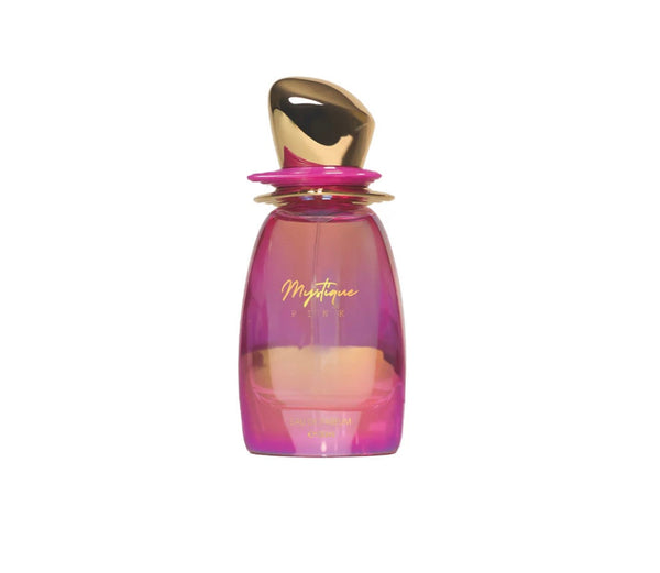 Perfume bottle with pink and gold design on a white background