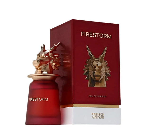 Firestorm perfume bottle and packaging on a white background