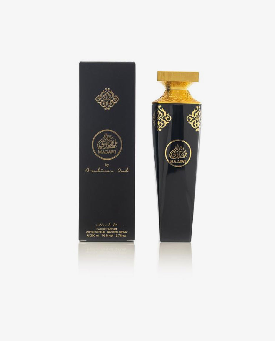 Madawi 200 ml luxury perfume with elegant black and gold design, offering a tangy, floral scent in the perfumes & colognes category.