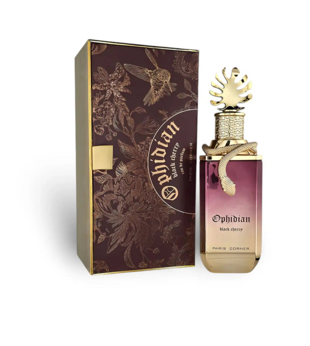 Ophidia Black Cherry by Paris Corner 100ml EDP with luxurious gold-accented bottle and floral-embossed box, ideal for perfume collectors.