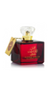Red perfume bottle with gold accents, crystal cap, Arabic script, luxury fragrance