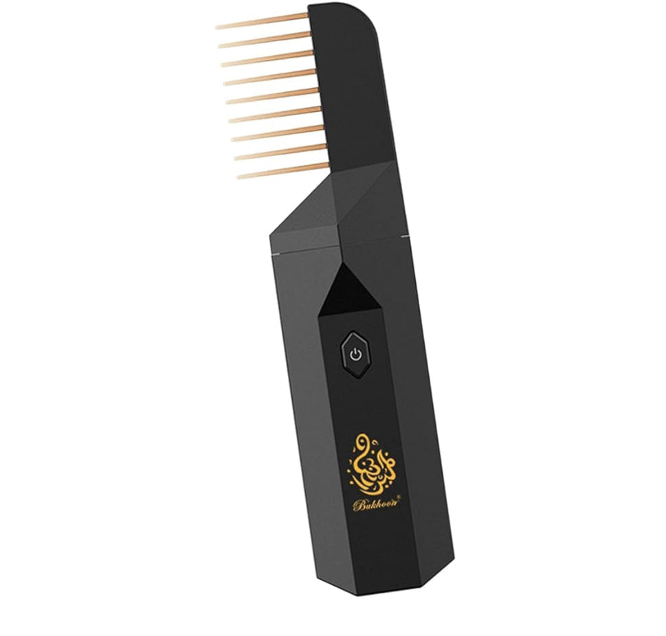 Electric Portable Bakhoor Incense Burner comb in sleek black design with gold detailing, ideal for home fragrance and personal grooming.