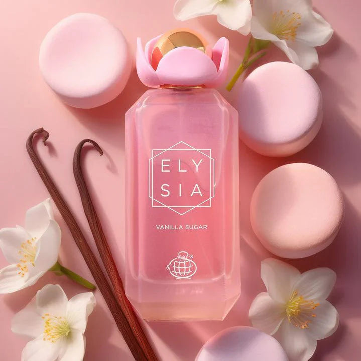 ELYSIA Vanilla Sugar by Fragrance World 100ml EDP perfume bottle surrounded by vanilla pods, pink macarons, and white flowers on a pink background.