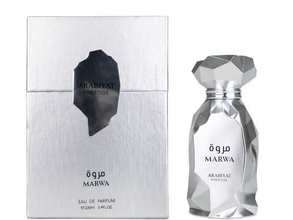 Marwa Arabiyat Prestige perfume bottle and packaging on a white background