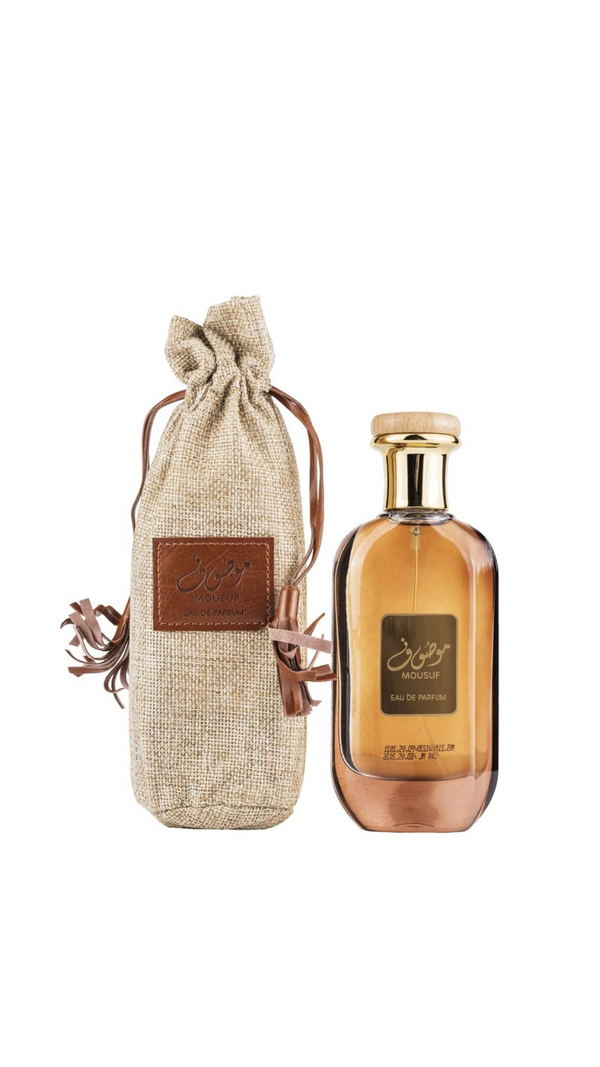 Mousuf EDP perfume with matching bottle and fabric pouch, premium women's fragrance packaging