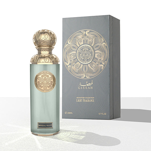 Imperial Valley by GISSAH perfumes 200ml eau de parfum with ornate gold cap and luxury packaging, ideal for bold and musky summer fragrance lovers.