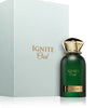 Green perfume bottle with gold cap and 'Ignite Oud' text on a light gray background