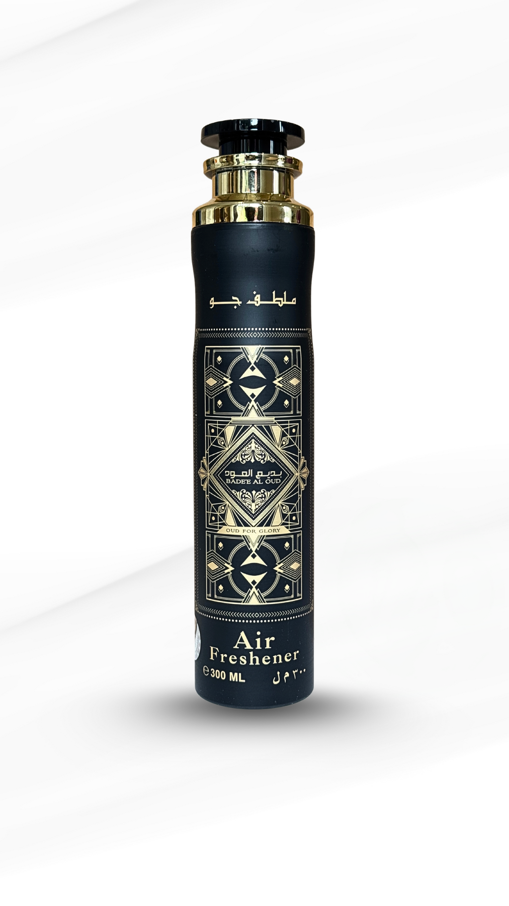 Badee Al Oud Oud for Glory by Lattafa Air Freshener 300ml in a sleek black and gold canister, ideal for adding bold, woody fragrance to home décor.