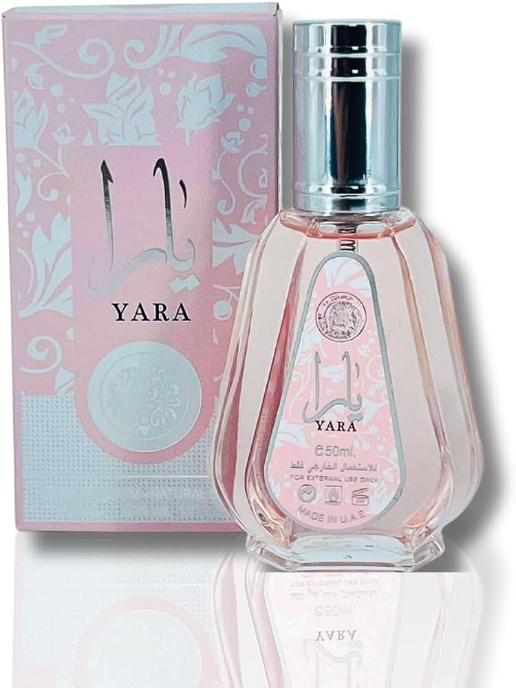 Yara Pink Women’s Perfume 50ml EDP by Lattafa in a clear glass bottle with pink floral box, offering a fruity and floral scent for women.