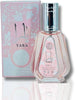 Yara Pink Women’s Perfume 50ml EDP by Lattafa in a clear glass bottle with pink floral box, offering a fruity and floral scent for women.