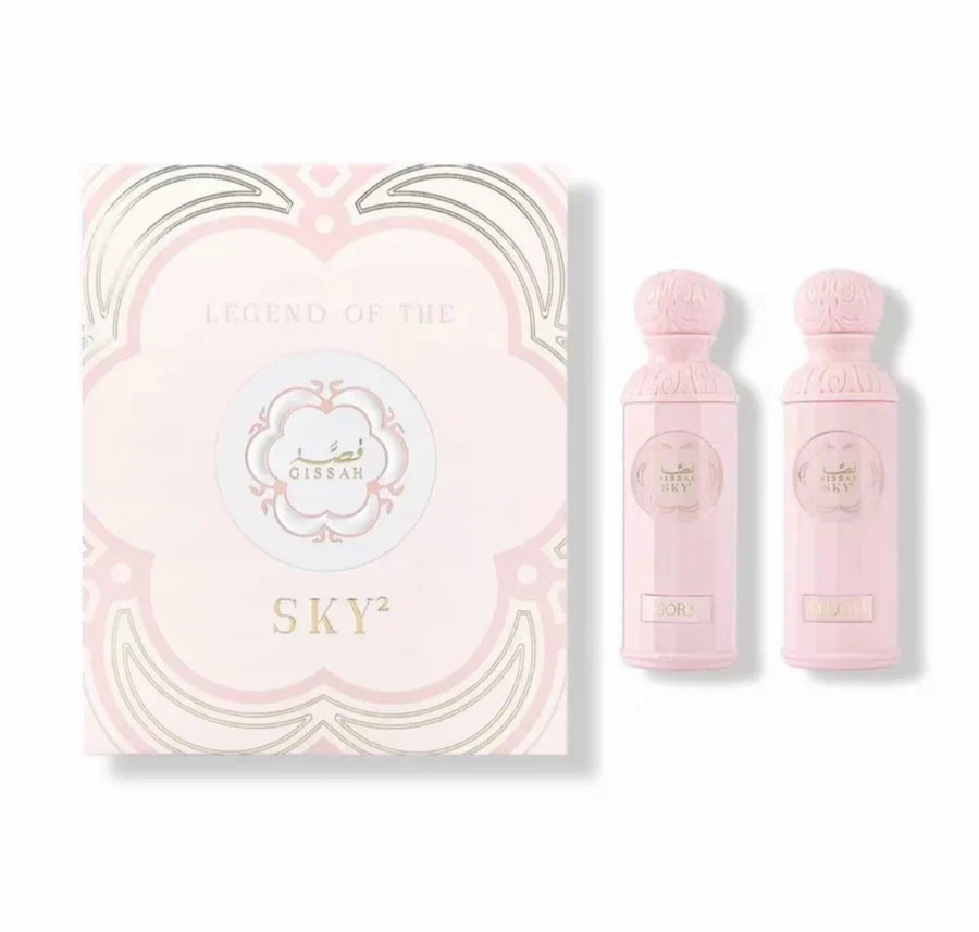 Gissah Legend Of The Sky (Her) 2x90ml EDP gift set includes two pastel pink perfumes in a luxurious box, perfect for travel or gifting.