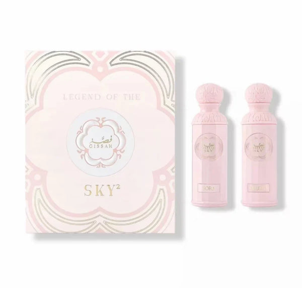 Gissah Legend Of The Sky (Her) 2x90ml EDP gift set includes two pastel pink perfumes in a luxurious box, perfect for travel or gifting.