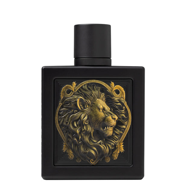 Black perfume bottle with gold lion design on a white background