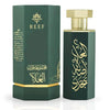 REEF Arabs of Al Ula 100ml EDP perfume bottle with gold Arabic calligraphy and matching green hexagonal box, ideal for unisex fragrance lovers.