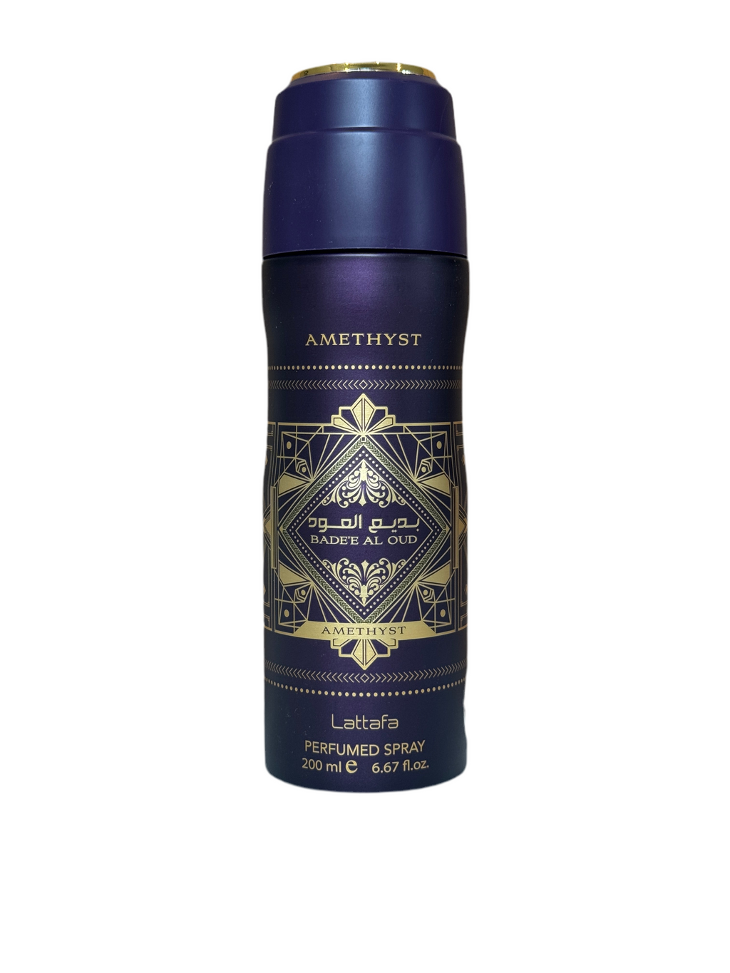 Badee Al Oud Amethyst by Lattafa Perfume Body Spray 200ml in a sleek purple and gold bottle, ideal for men and women seeking a bold, woody scent.